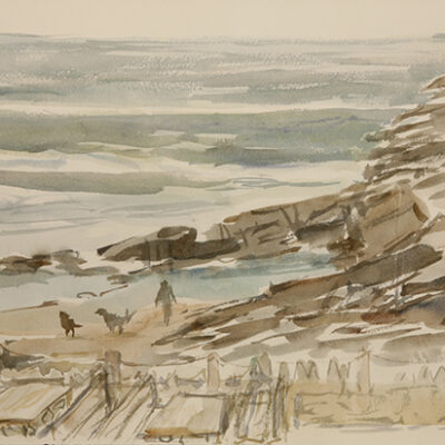 Trebarwih Strand dog walking on beach watercolour