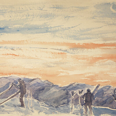 sunrise in the alps at summit on skis