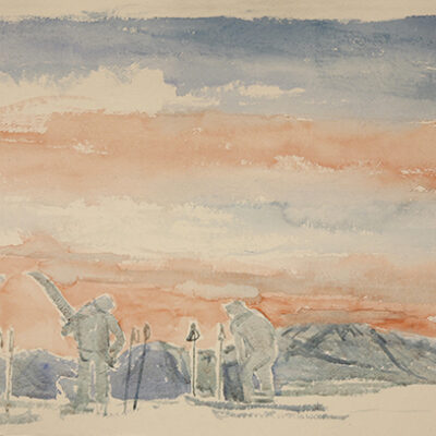 sunrise in the alps at summit on skis