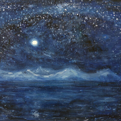 arctic nocturne with moon and stars and iceberg